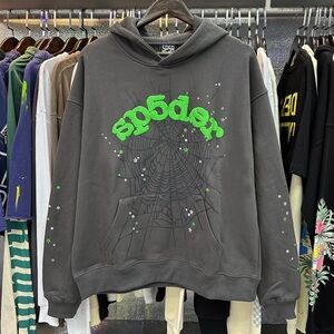 Sp5der Charcoal Hoodie with Neon Green Design